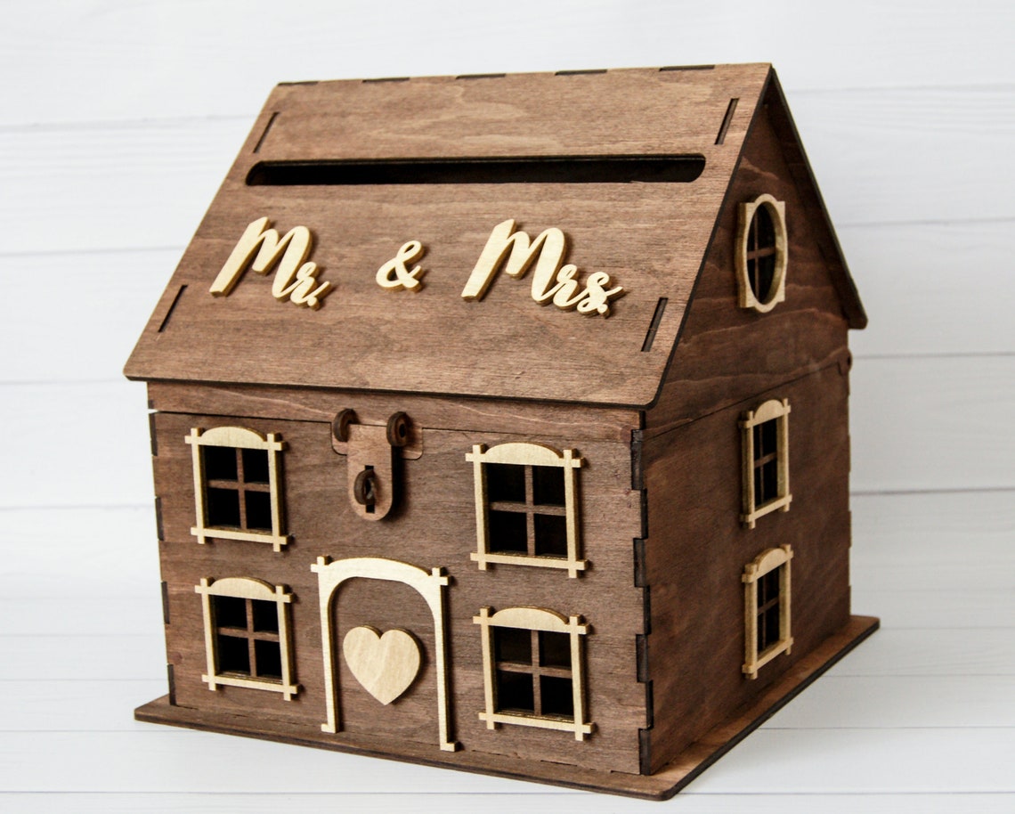 Wood wedding House card box Wedding Card Box with Lock Wedding image 1
