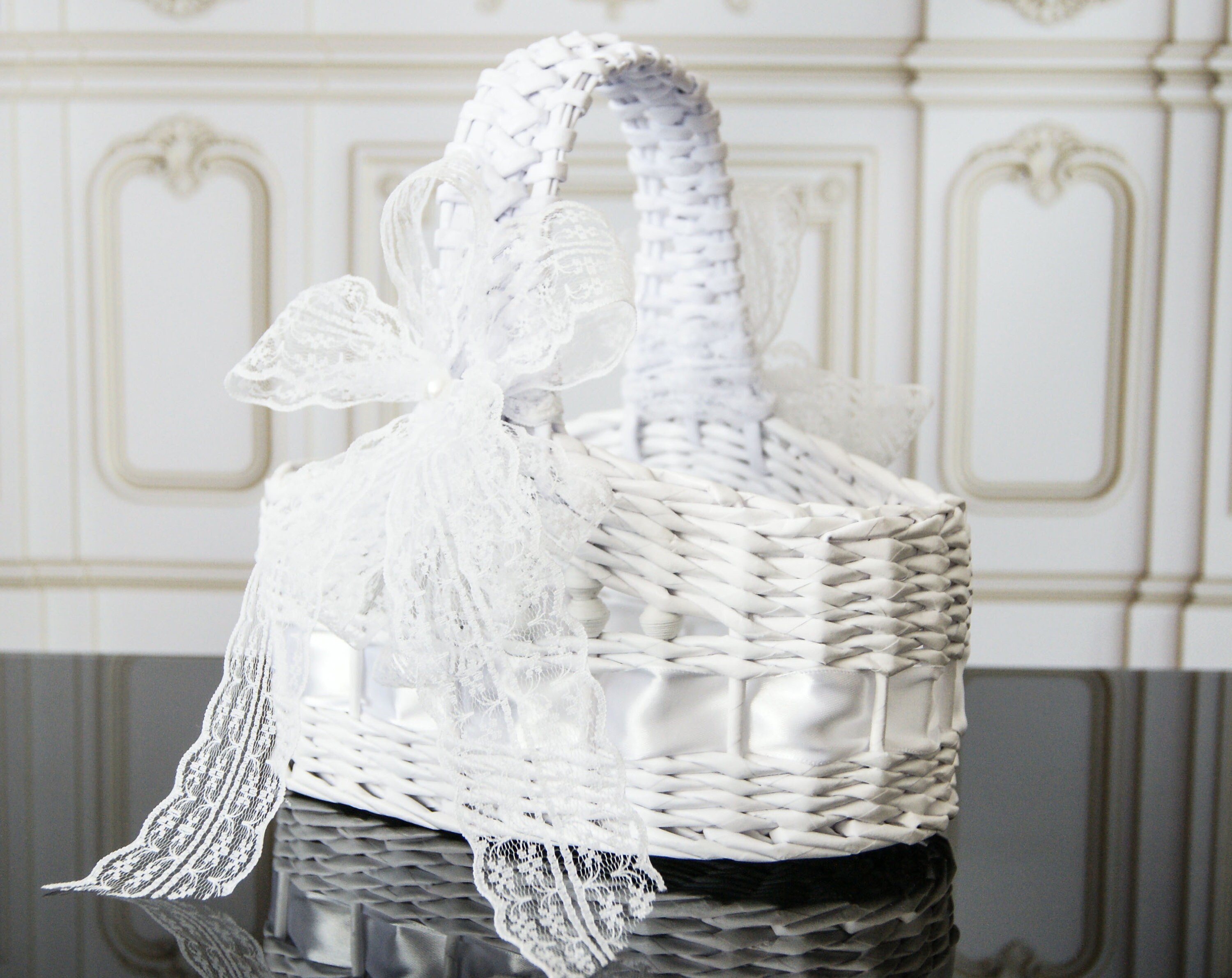 White Wedding Flower Girl Basket Vintage Wedding Basket Rustic Etsy