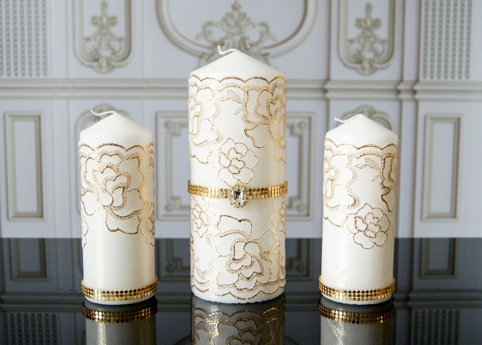 Gold Unity Candle Set Lace Unity Candle Wedding Unity Ceremony Etsy