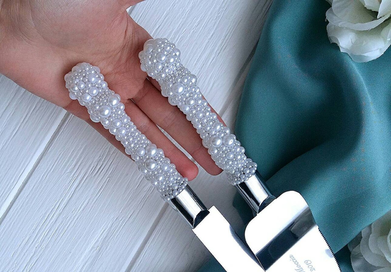 Pearl Cake Cutter Set for Wedding Engraved Cake Servers White Etsy