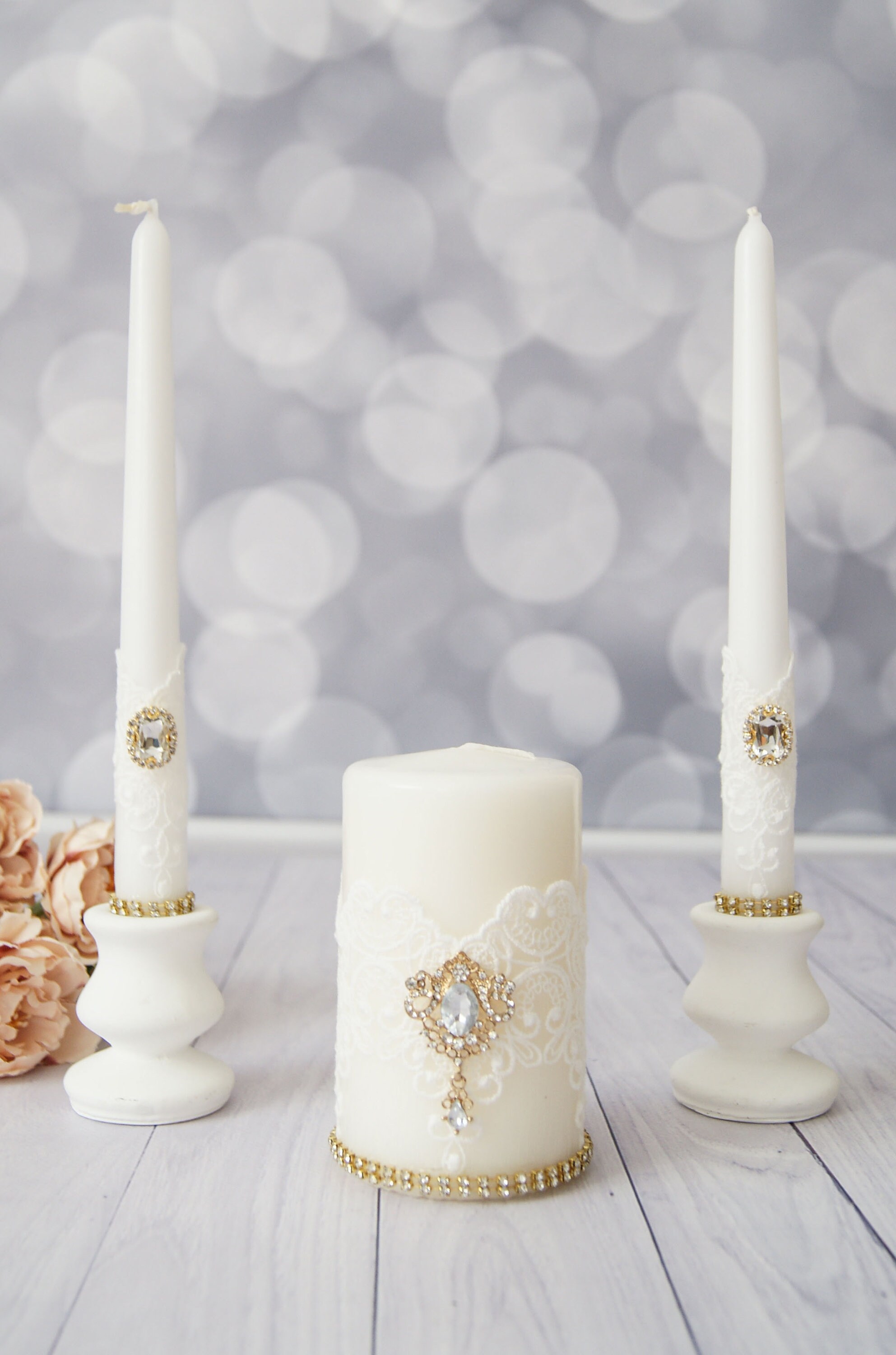 Wedding Unity Candle Set Lace Unity Candle Set Elegant Unity Etsy