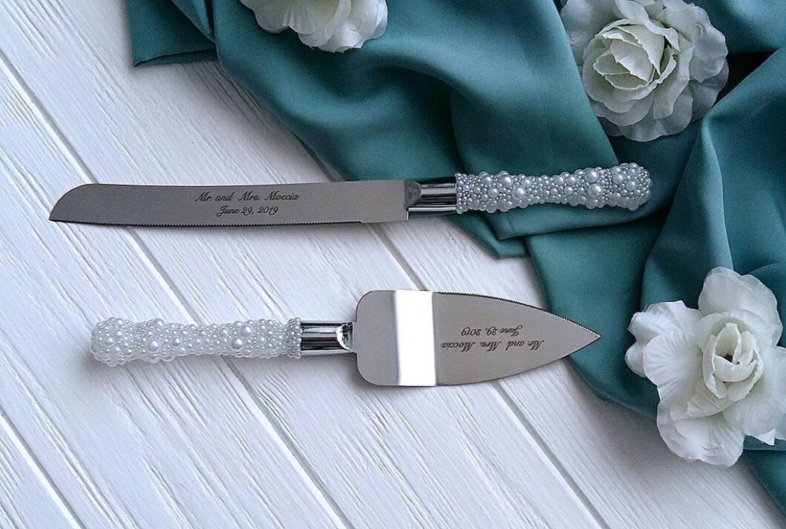 Pearl Cake Cutter Set for Wedding Engraved Cake Servers White Etsy