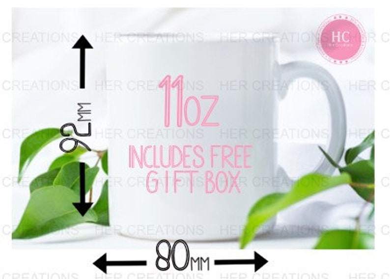 May include: White ceramic mug with a pink outline of the text "11oz Includes Free Gift Box" on the front. The mug is 92mm tall and 80mm wide.