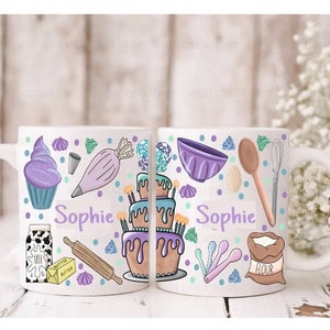 May include: Two white ceramic mugs with handles. Both mugs feature a colourful baking theme with a purple cupcake, a piping bag, a rolling pin, a bowl, a whisk, a bag of flour, and a cake with candles. The text "Sophie" is printed on both mugs.