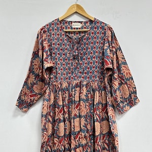 Handmade Floral Cotton Dress, Hand Block Print Smocked Dress, Women&#39;s Indian Floral Dress, Cottagecore Smock Dress, Midi Dress