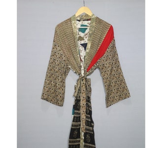 Silk blend kimono robe bohemian, Gold plus size dressing gown woman, Long honeymoon robe from Bali, Anniversary gift, Street Fashion Resort