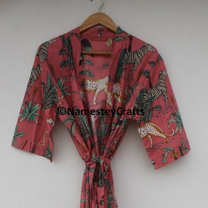 Pink Cotton Kimono Robe: Block Print Indian Beach Cover-Up