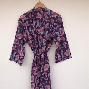 Cotton Kimono Robe Dressing Gown Block Print Bridesmaid Robe, Summer Nightwear, One Size