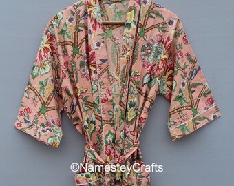 Women Boho Kimono Floral Printed 100% Cotton Bathrobe Dressing Sleepwear Gown