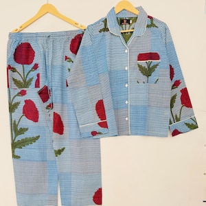 Floral Print Cotton Pajama Set: Hand Block Bohemian Sleepwear