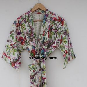 Black Bath Robe,100% Cotton Indian Floral Print Handmade Kantha Stitch Robe,Cotton Kimono,Kantha Robe,Swim Wear,Night Wear Free Size Unisex