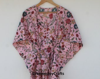 Handmade Floral Cotton Kaftan, Women Dress Long Caftan, Dress Beach Cover up, Flower Hand Block Print Sleepwear Maxi Dress Kimono Rabe