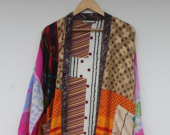 New Silk Sari Boho Kimono Regal House Robe Luxury Lounge Digital Print Flowy Gown | Floral Romance Duster Coverup