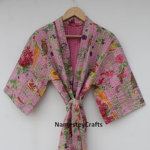 Handmade Cotton Kantha Kimono Robe: Quilted Long Coat