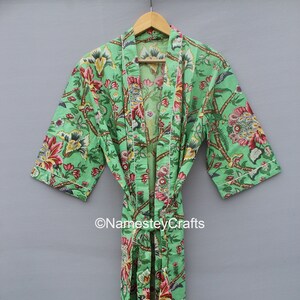 Cotton Block Print Kimono Robe: Lightweight Floral Dressing Gown