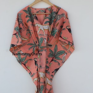 Hand Block Printed Cotton Kaftan: Tropical Animal Print, Free Size