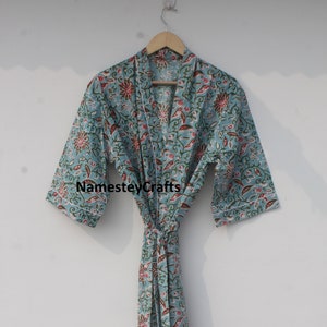 Cotton Block Print Kimono Robe: Vintage Style Dressing Gown
