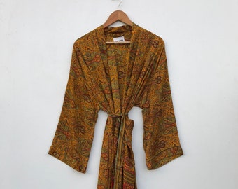Women Silk Kimono Robe, Dressing Gown, Vintage Kimono Jacket, Silk Bridal Robe, Boho Kimono, Loungewear Mix silk sari kimono robe