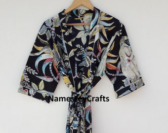 Indian Monkey Printed  Cotton Kimono Bathrobe Summer Dressing Gown Night Wear Kimono