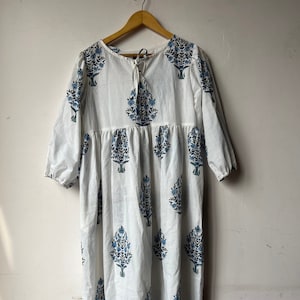 White Cotton Sundress: Blue Vine Block Print Maxi Dress