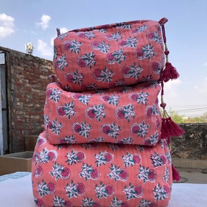 Floral 3 Pc Set Makeup Bag, Quilted Cotton Cosmetic Bag, Personalized Gift, Toiletry Bag Women, Bridesmaid Pouch, Snack Bag Pouch Travel Kit