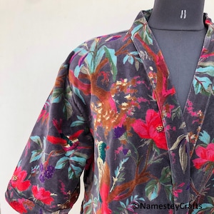 Bird Floral Velvet Kimono, Boho Robe, Jacket, Long Kimono, Bridesmaid Robe, Kimono Jacket gift for her