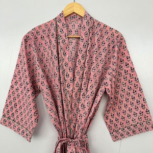 Cotton Floral Kimono Robe for Women – Lightweight Bathrobe with Belt