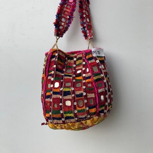 Sari Fabric Paisley Mirror work embroidery hand bag SHOULDER BAG Large bag  HOBO Bag w cotton tussles Tribal bag Bohemian Hippie Boho style — Colors by