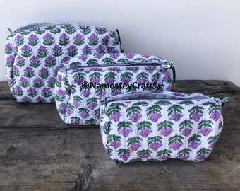 Floral Makeup Bag, Quilted Cotton Cosmetic Bag, Personalized Gift, Toiletry Bag Women, Makeup Bag, Snack Bag Pouch Travel Bag