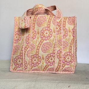 Vintage große Baumwollblumen-Einkaufstaschen | Blockprinted gesteppte Umhängetasche | Einkaufstasche Handtasche | Top Griff Boho Shopper Alltag Einkaufstaschen Frauen