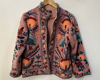 Woman Jacket, Suzani Embroidery Jacket , Ladies short bomber coat, Handblock Jacket , Gift For her , Bohemain style Coat, Street Fashion