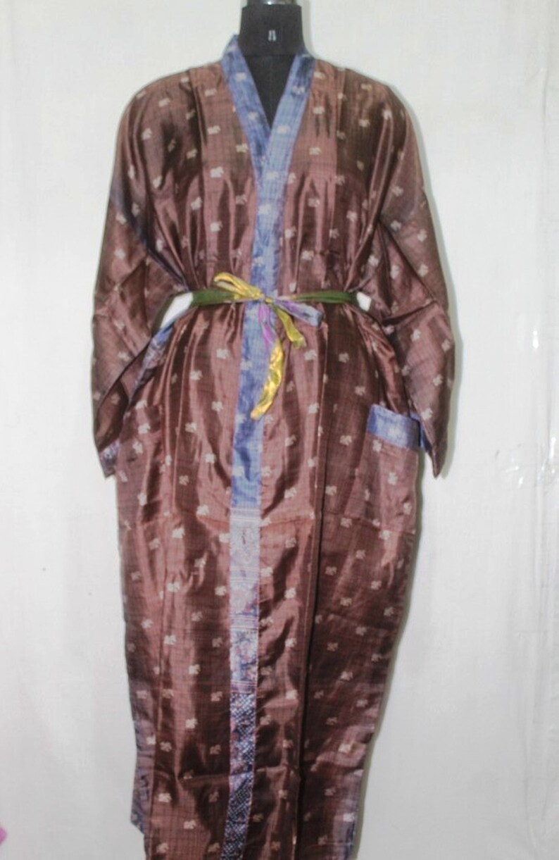 Indian Pure SILK Saree Long kimono Vintage Sari Hippie Womens maxi Dress Bath Robe Gown Dress Sk488