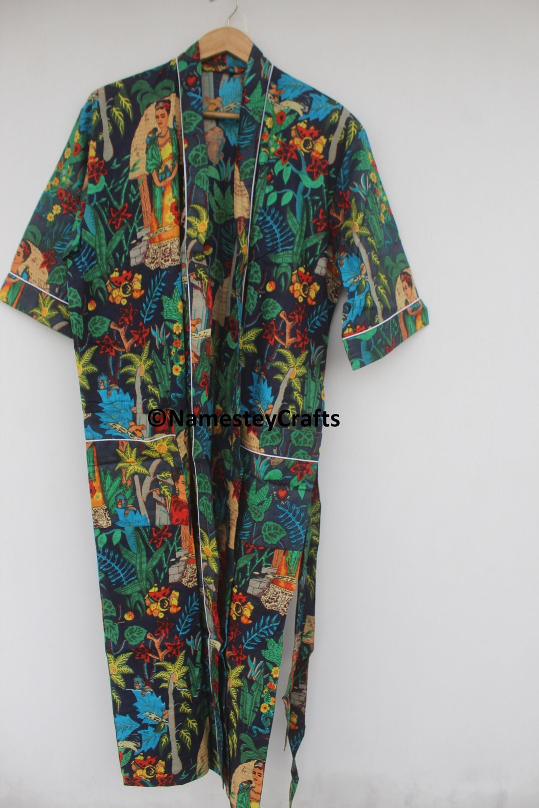 Black Frida Kahlo Robe Cotton Long Kimono Woman Robe Dressing Gown ...