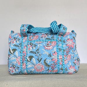 Eco-friendly Cotton Quilted Duffel Bag Handmade Indian Block Printed Women Shoulder Bag Shopping, Over Night Travel Sustainable Duffle Bag