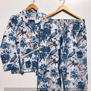 Hand Block Print Cotton Pajama Set: Bird & Floral Lounge Wear