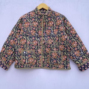 Cotton Women&#39;s Quilted Jacket Block Printed Boho Style Quilted Handmade Jacket, Coat Holidays Gifts Button Closer Jacket For Women Gifts