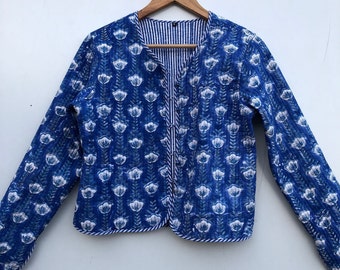 Indigo Blue jacket Indian HandBlock Print Fabric Quilted Jacket Short kimono Women Wear New Style Blue Flower Coat