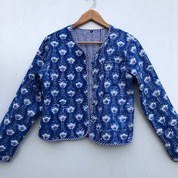 Indigo Blue jacket Indian HandBlock Print Fabric Quilted Jacket Short kimono Women Wear New Style Blue Flower Coat