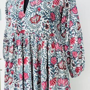 Pink Floral Stripe Hand Block Printed Cotton Maxi Dress – Boho Tiered Indian Long Dress