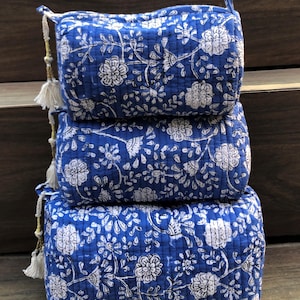 Set di 3 borse per il trucco trapuntate, borsa da bagno ecologica in cotone, set da toilette da donna con stampa a blocchi, fatto a mano in India e sostenibile.