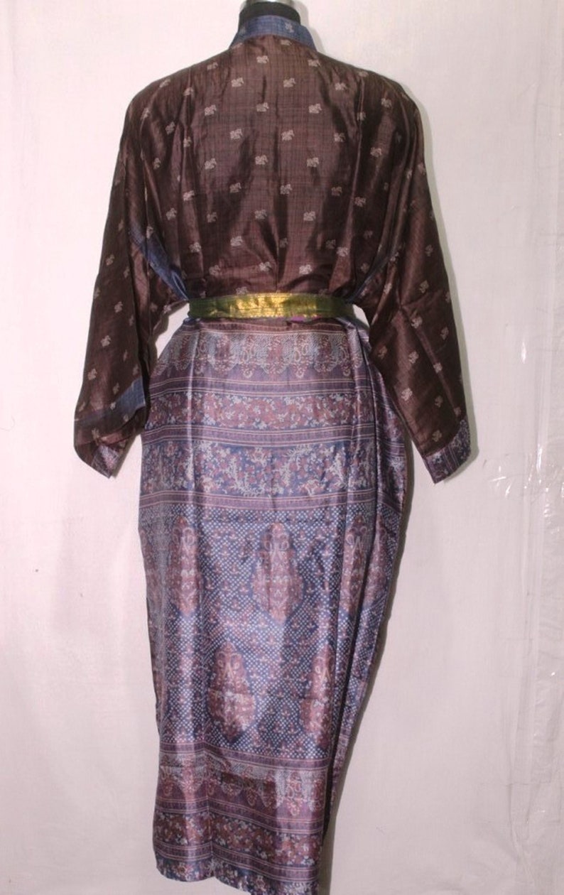 Indian Pure SILK Saree Long kimono Vintage Sari Hippie Womens maxi Dress Bath Robe Gown Dress Sk488