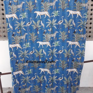 Blue Forest Animal Print Kantha Quilt: Indian Cotton Queen Size Bedspread