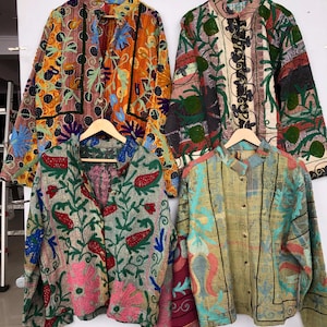 Handmade Suzani Embroidery Jacket: Vintage Indian Kantha Cotton Coat
