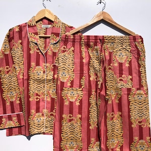 Tibetan Tiger Print Cotton Pajama Set: Bohemian Sleepwear