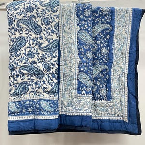 Hand Block Printed Cotton Quilt: Reversible Floral Bedspread