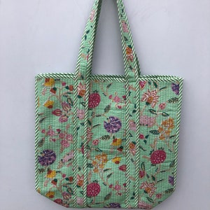 Handmade Kantha Quilted Tote Bag: Floral Cotton Market Bag