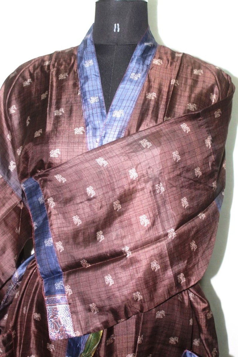 Indian Pure SILK Saree Long kimono Vintage Sari Hippie Womens maxi Dress Bath Robe Gown Dress Sk488