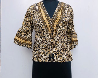 Luxury Floral Silk Top With Tassel, Cocktail Party Wear Top, Stretchable Silk Mini Gown, Bell Sleeve,  Printed Top