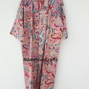 Kimono-Robe aus Baumwolle mit Blockprint: Indisches Kleid, Strandkleid