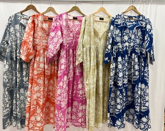 Floral cotton Midi dress, long Maxi Dress for Women,Indian  block print Dress, Vacation Dress, boho dress, Beach dress,summer dress